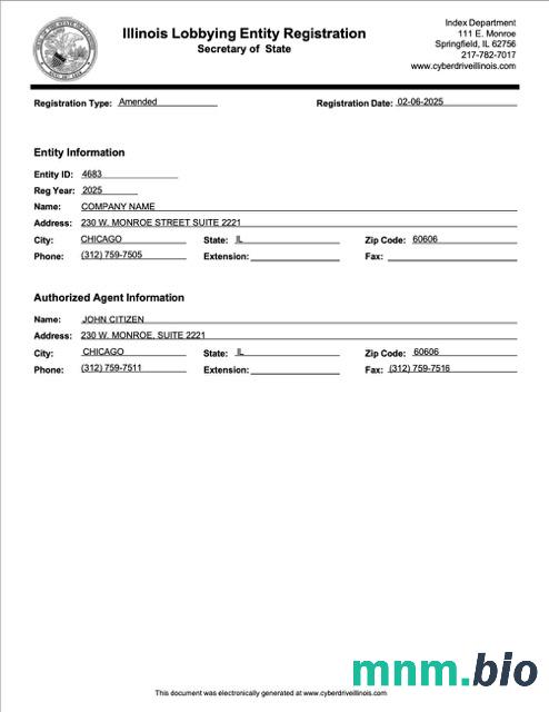 Certyfikat rejestracyjny USA Illinois Word i szablon PDF